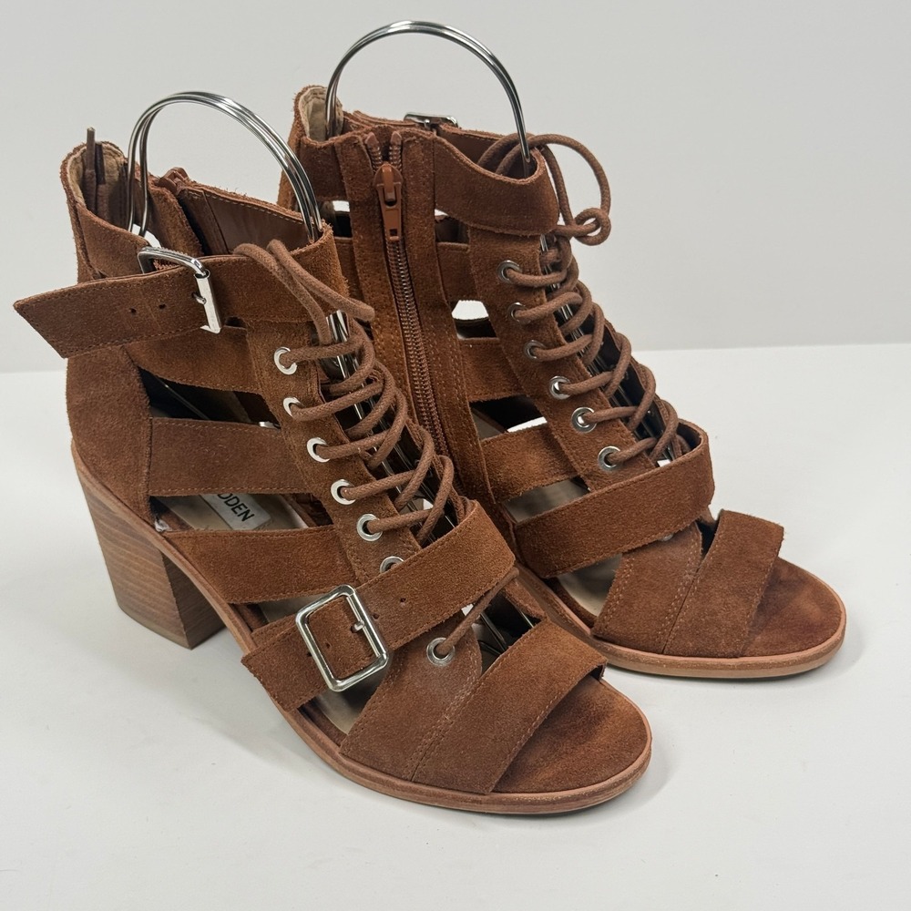 Steve Madden Jackson Gladiator Sandal Lace Up Brown Suede Block Heel Size 8M